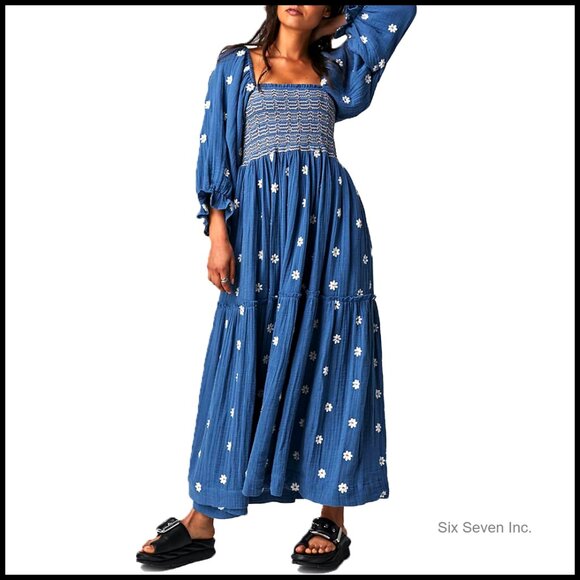 Dresses & Skirts - Polyester Bohemian Floral Embroidered Maxi Dress with Lantern Sleeves